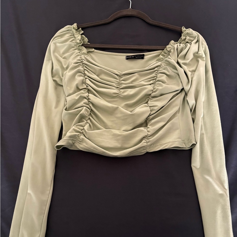 SHEIN Ruched Long Sleeve Blouse - Light Green